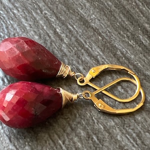 Red Ruby Dangle Earrings: 14k Gold Fill, July Birthstone