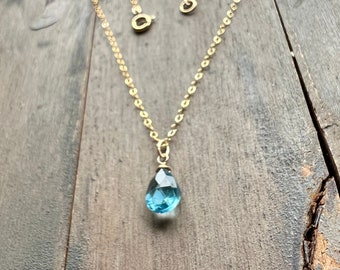 Sky Blue Topaz Quartz, tiny pendant necklace, 14k gold fill, December birthsone jewelry