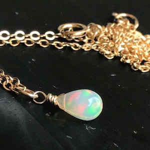 Tiny 14k Gold fill Natural Ethiopian Welo Fire Opal pendant choker Necklace, Genuine Opal jewelry, October birthday birthstone, small drop.