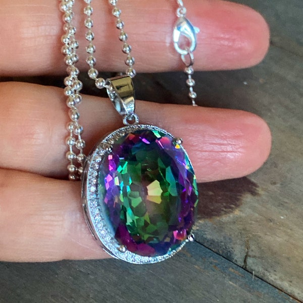 Huge Rainbow Mystic Topaz Pave pendant sterling silver necklace, elegant and beautiful gift. 1 3/4”.