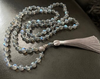 Natural Rainbow grey Labradorite stone Mala necklace, Kundalini Yoga jewelry, 108 prayer beads, gemstone, tassel, boho.