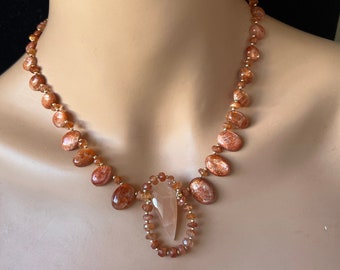 Natural orange Sunstone, peach Moonstone necklace, one of a kind gemstone jewelry, 14k gold.  Blessed stone.