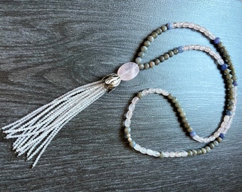 Natural gemstone mala, rose quartz, Tanzanite, labradorite, sterling silver. Kundalini yoga jewelry, one of a kind