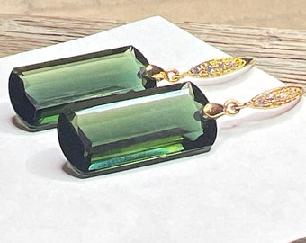 Gold Pave Green Amethyst earrings, gemstone jewelry, elegant dangles, forest green, statement