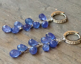 Natural periwinkle Tanzanite earrings.  Cluster stone cascade. Blue purple gemstone. Solid sterling silver. Pave jewelry. Long blue earrings