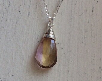 Natural Bicolor Ametrine pendant silver necklace, purple yellow Ametrine, wire wrapped,