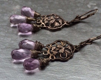 Light purple Amethyst Chandelier Earrings - Tarnished Sterling Silver.  Natural stone