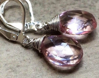 Handmade Pink Mystic Topaz Earrings Sterling Silver jewelry.  Pale pink gems dangles.  Ligjt pink crystal drops.  Angel skin. Feminine