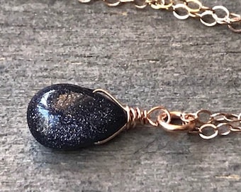 Sale Midnight Blue black Sandstone pendant Necklace. Tiny sparkle - choose Gold  Silver  Rose Gold