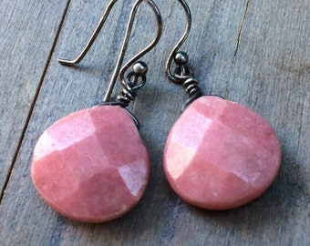 Sterling Silver Pink Rhodonite Dangle Earrings: Natural Gemstone Drops