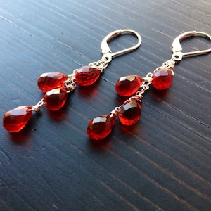 May include: A pair of silver dangle earrings with red gemstone drops. The earrings have a simple design and are perfect for everyday wear.