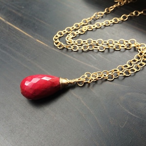 Big Natural Red Ruby, teardrop pendant, 14k Gold fill necklace, chain Wire wrapped. July birthstone, birthday gift, gemstone jewelry.