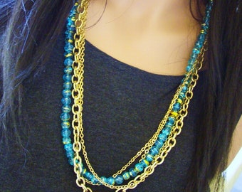Handmade Blue Gem Gold Chain Statement Necklace: Chunky Nautical Jewelry
