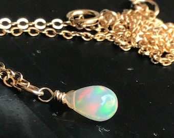 Tiny Gold Natural Ethiopian Welo Fire Opal pendant choker Necklace, Genuine Opal jewelry, drop, October birthday birthstone