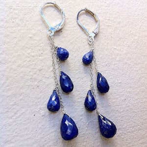 Dark Blue Sapphire stone .925 silver cascade earrings, September birthstone, Virgo jewelry, gemstone earrings. Gold available. image 1