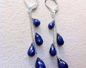 Dark Blue Sapphire stone .925 silver cascade earrings, September birthstone, Virgo jewelry, gemstone earrings.  Gold available.