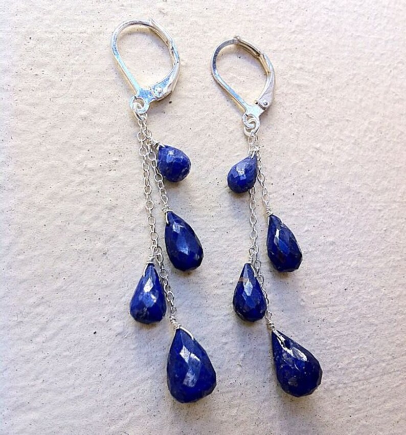 Dark Blue Sapphire stone .925 silver cascade earrings, September birthstone, Virgo jewelry, gemstone earrings. Gold available. image 1