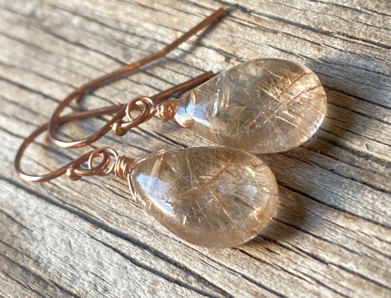 Golden Rutilated Quartz Earrings, smooth petite rutile Quartz dangles. Gold drops. Yellow. Gemstone earrings. Leverbacks. image 3