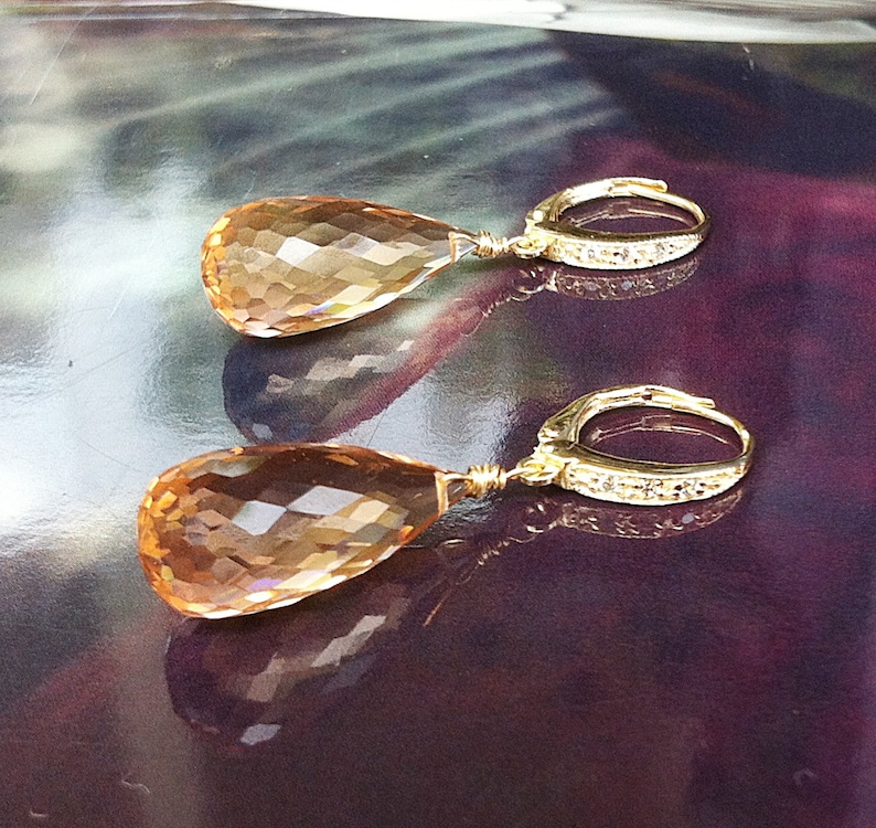 Morganite Earrings. Peach Morganite. Morganite dangles. Pink Orange. Gold Pave Leverbacks. Statement earrings. Luxury jewelry image 1