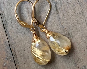 Gold Rutilated Quartz Earrings - petite rutile Quartz dangles. Gold drops. Yellow. Gemstone earrings. Leverbacks.