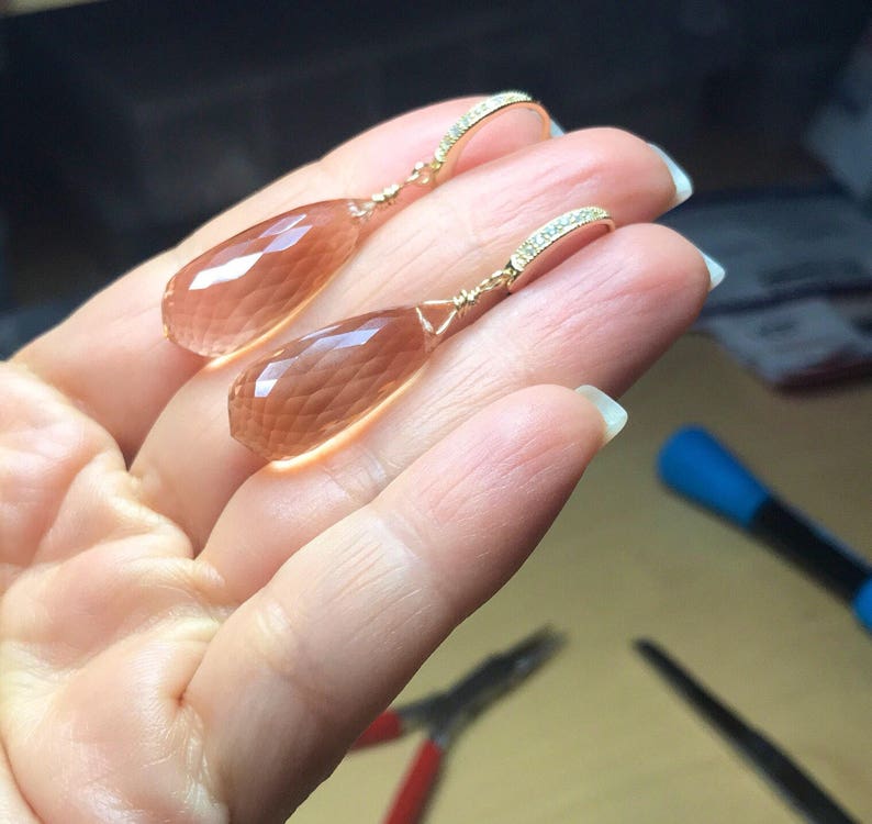 Morganite Earrings. Peach Morganite. Morganite dangles. Pink Orange. Gold Pave Leverbacks. Statement earrings. Luxury jewelry image 6
