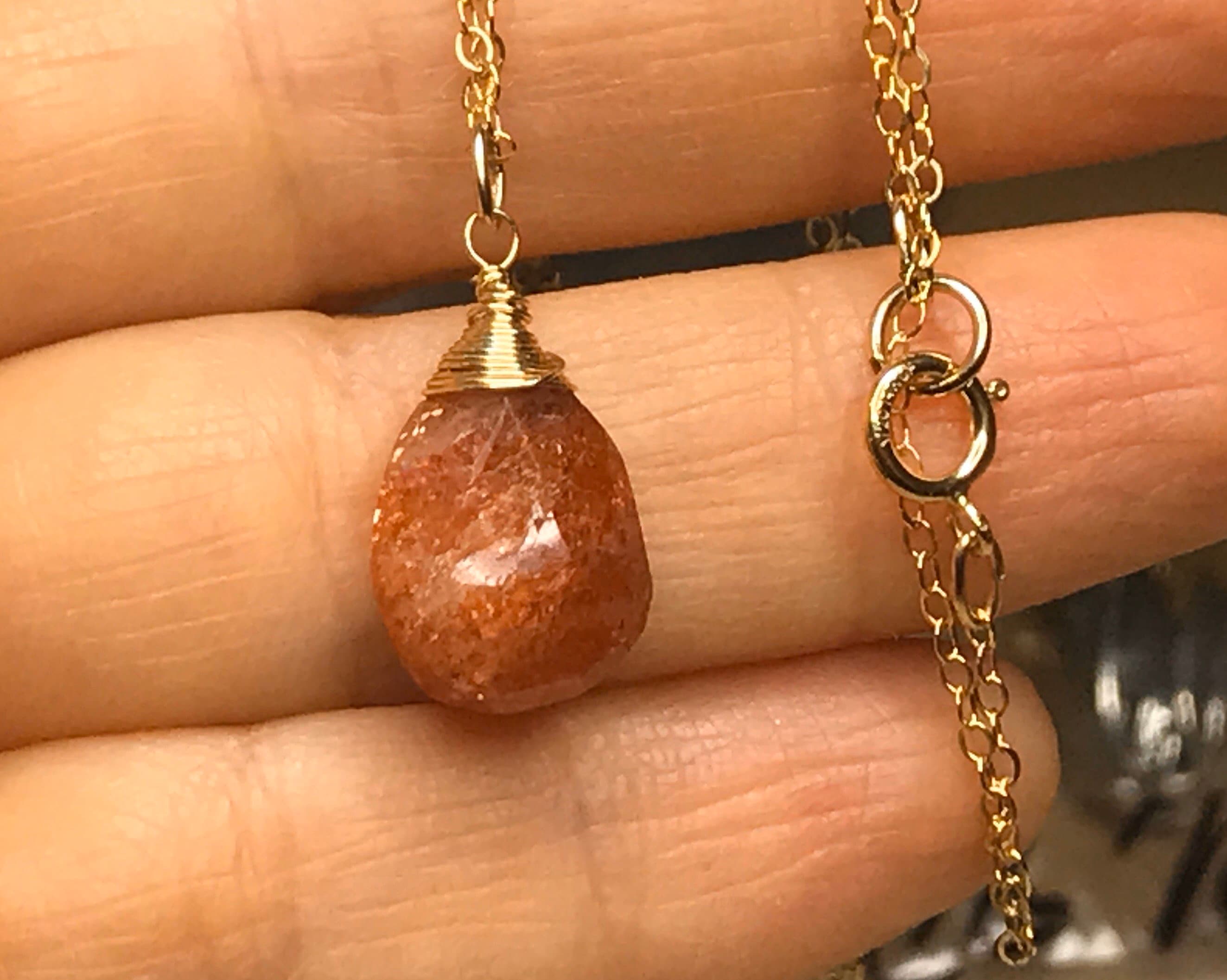 Genuine Sunstone pendant gold necklace Wire wrapped orange faceted Sun stone jewelry gemstone Pendant. Golden Necklace
