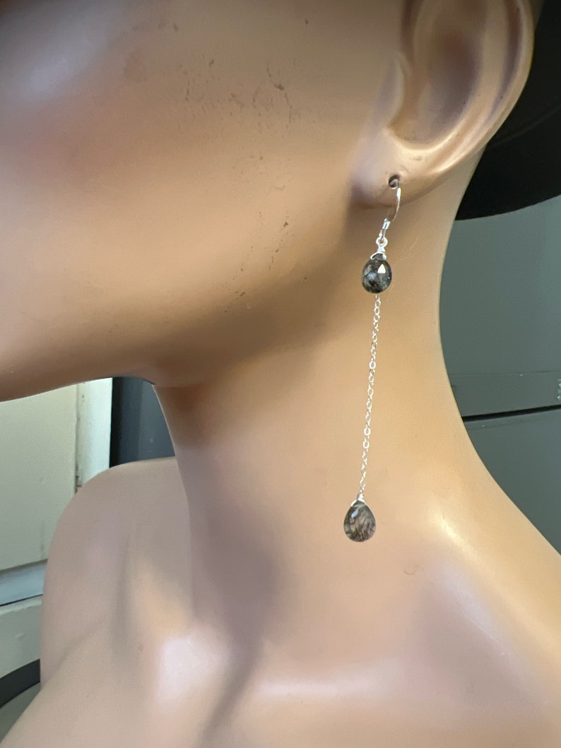 Black tourmalated Quartz earrings. Rutile dangles, long sterling silver. Natural gemstone drops. image 5