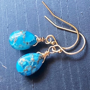 Blue Turquoise drops gold fill earrings, dangles, gemstone teardrops, December birthstone