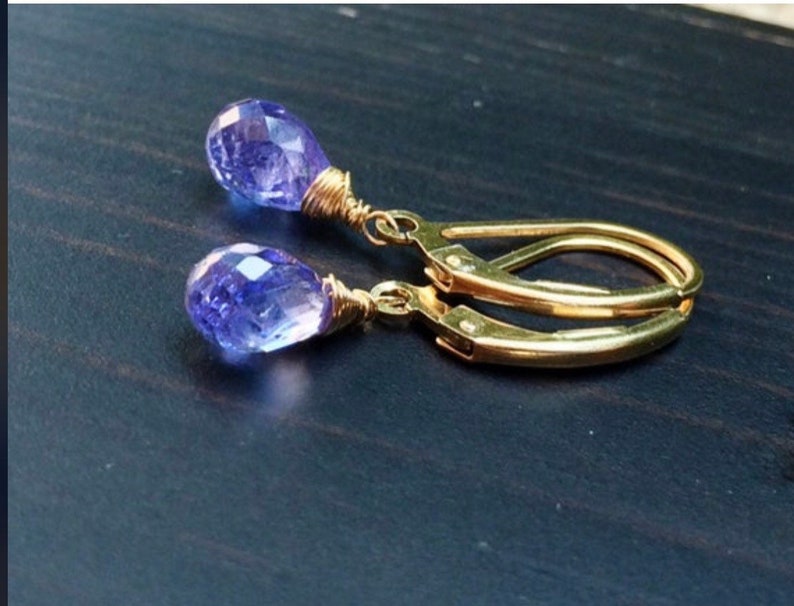 Sale Tiny Periwinkle Tanzanite stone Petite Earrings, natural Purple blue dangle drops, handmade jewelry. image 3