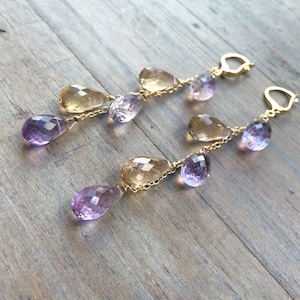 Natural Ametrine Stone Cascade Earrings, 14k Gold Fill Jewelry, Bicolor Purple Yellow Gemstones, 3.5” Long, Romantic Gift
