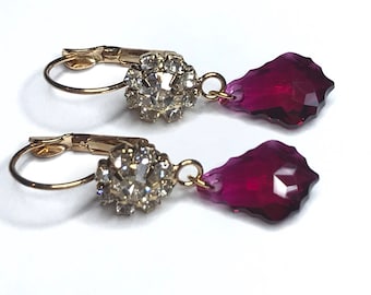 Sale Red Ruby Swarovski Crystal Gold Rhinestone Earrings. Burgundy Baroque. Bridesmaids jewelry