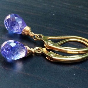 Sale Tiny Periwinkle Tanzanite stone Petite Earrings, natural Purple blue dangle drops, handmade jewelry. image 1