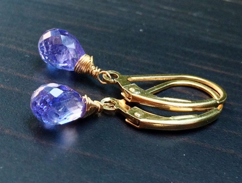 Sale Tiny Periwinkle Tanzanite stone Petite Earrings, natural Purple blue dangle drops, handmade jewelry. image 1