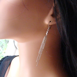 Long Sterling Silver Tassel Earrings, chain dangles, modern, boho jewelry, party, evening, gift for wife, girlfriend, Valentine, birthday.