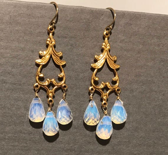 Boucles D'oreilles Argent 925 Avec Pierre De Lune & Opaline - Pendantes, Dormeuses, Neuves Avec étiquettes