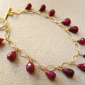 Red Ruby Bracelet, 14k gold fill chain, link bracelet, opaque burgundy stone, wire wrapped, dangling gemstone jewelry, July Birthday gift.