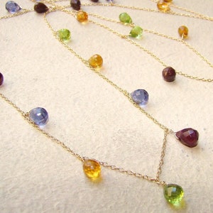 Long 14k Gold Fill Gemstone Necklace: Peridot, Amethyst, Garnet, Citrine