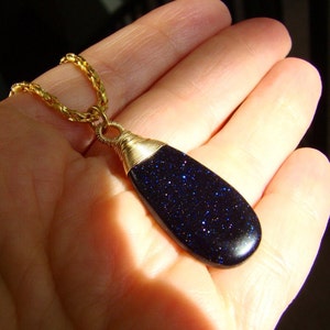 Midnight Goldstone Dark Blue Wire Wrapped Gold Necklace image 4
