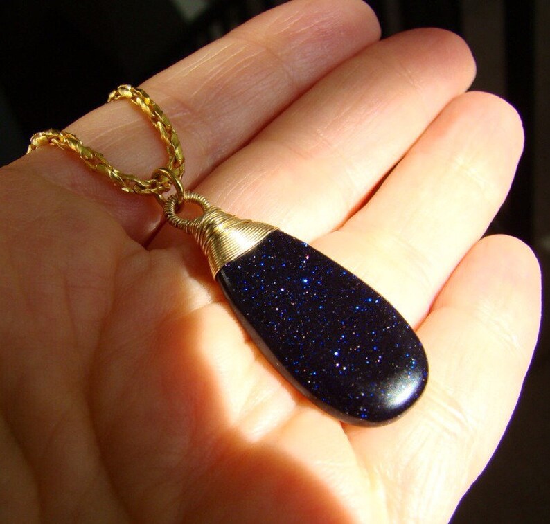 Midnight Goldstone Dark Blue Wire Wrapped Gold Necklace image 4