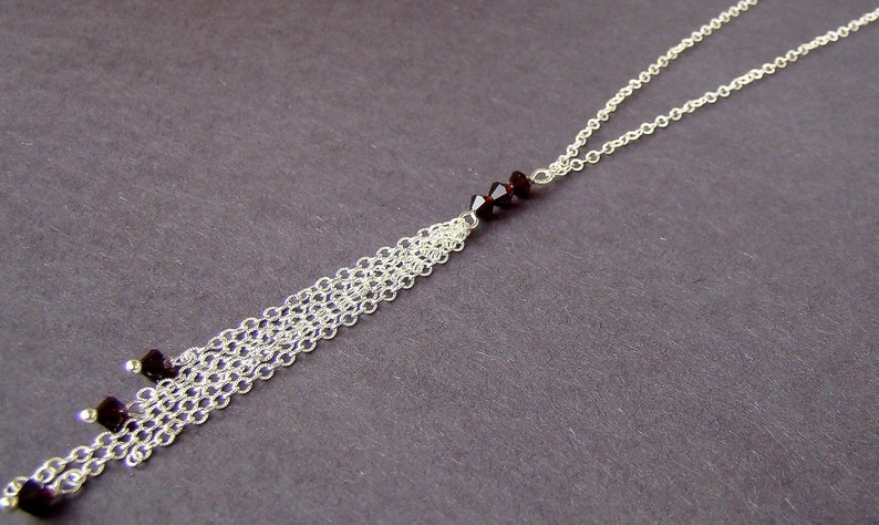 Sterling silver Y necklace. Swarovski tassels. Garnet crystals. Delicate jewelry. Birthstone jewelry. Ss chains image 2