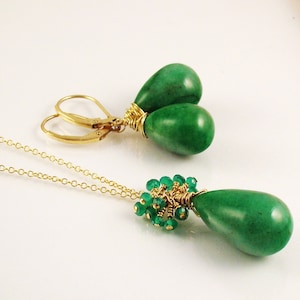 Green Emerald Pendant 14k Gold fill Necklace, Apple green teardrop, natural gemstone, wire wrapped, gift for female, for redheads.