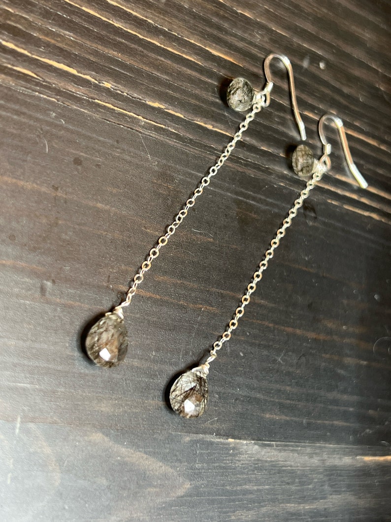 Black tourmalated Quartz earrings. Rutile dangles, long sterling silver. Natural gemstone drops. image 2