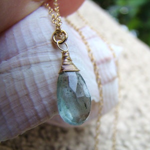 Blue Green Moss Aquamarine Pendant, 14k Gold Necklace, Natural Gemstone, Dainty Chain, March Birthday, Aqua Drop, Minimalist Jewelry, Gift.