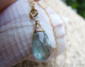 Blue Moss Aquamarine pendant Necklace. Natural gemstone. Gold chain. March birthstone. Aqua. Minimalist jewelry