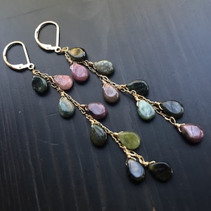 Long Tourmaline Earrings: 14k Gold Fill Cascade Dangles, Earthy Gemstone