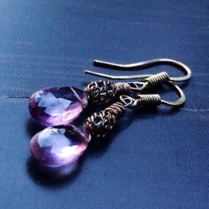 Oxidized pink Amethyst dangle Earrings.  Tarnished Sterling silver jewelry.  Purple amethyst.  Gift for bridesmaids.  February stone.