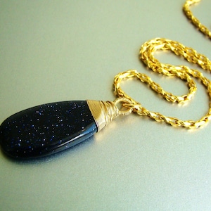 Midnight Goldstone Dark Blue Wire Wrapped Gold Necklace image 3