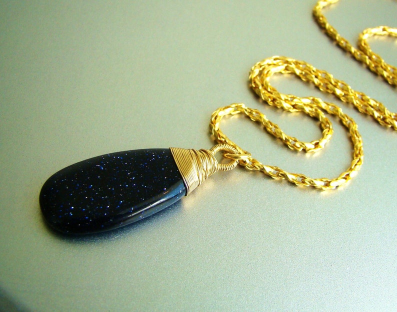 Midnight Goldstone Dark Blue Wire Wrapped Gold Necklace image 3