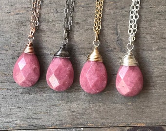 Pink Rhodonite Pendant Necklace: 14k Gold or Sterling Silver Wire Wrapped Gemstone
