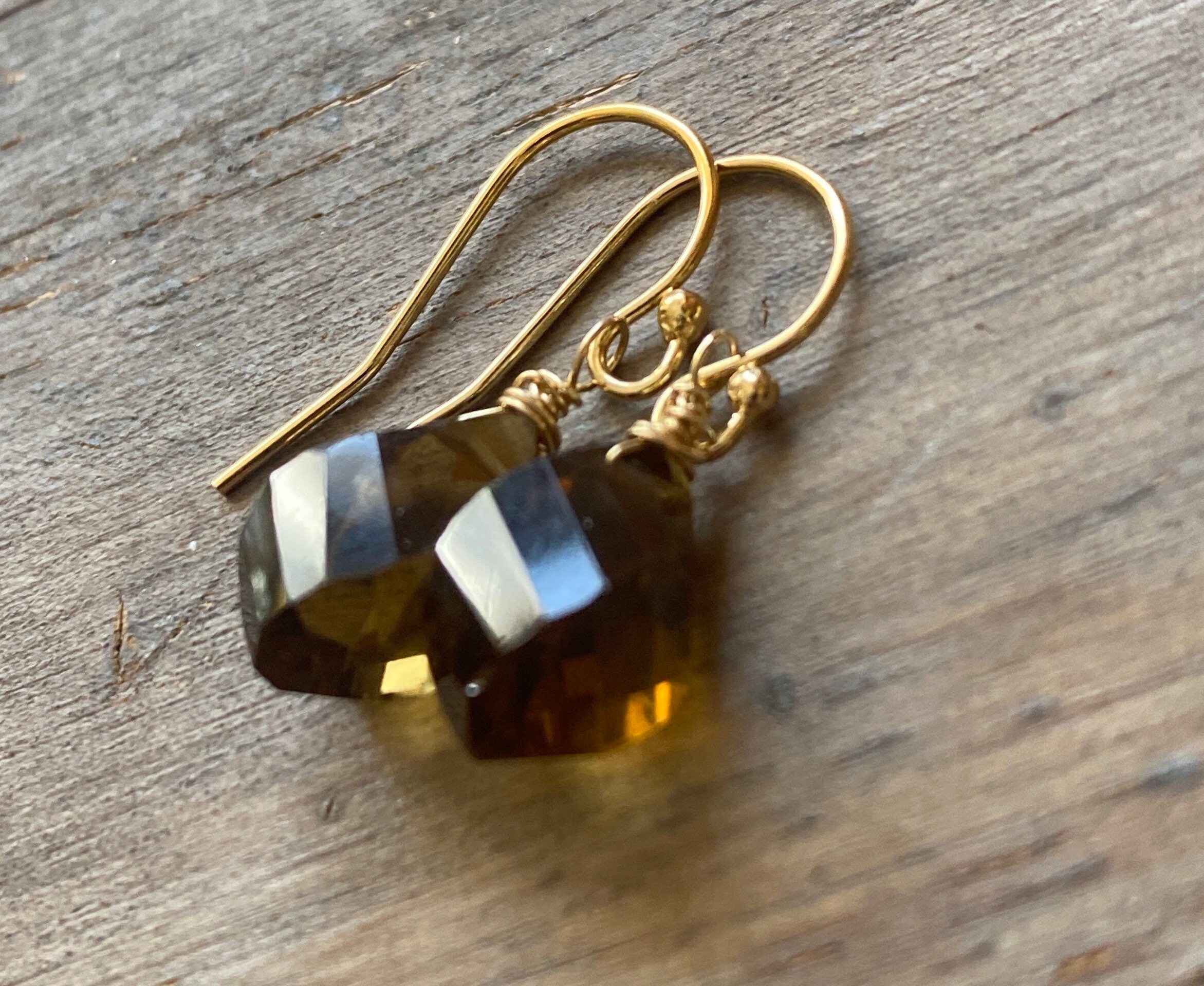 Boucles D'oreilles Anciennes Plaqué Or Avec Cristal Citrine Madeira - Style Pendantes Dormeuses